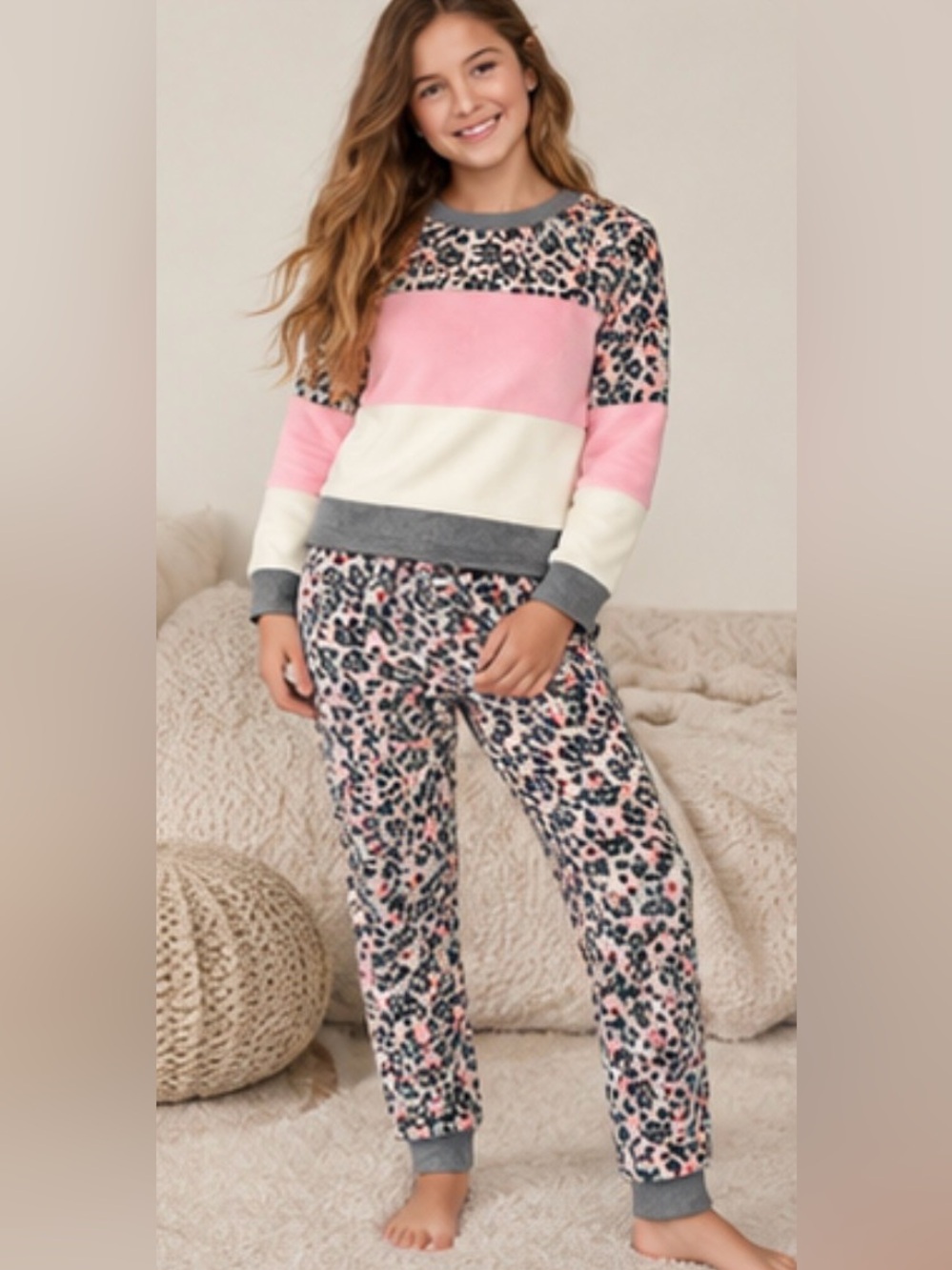 BCBG Girls Plush Leopard Pajama Set L 14/16 Pink Gray Cozy Fleece